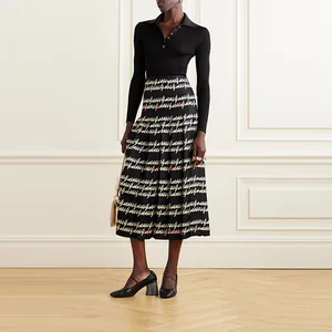 Clothing Manufacturer Custom Spring Autumn Black High Waist Print Women Pleated Midi Skirt