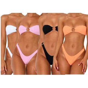 Custom New Design Sexy Ring Solid Ribbed Two Piece Bikini Set Beachwear Bandeau Strapless Swimsuit Women High Cut Thong Swimwear