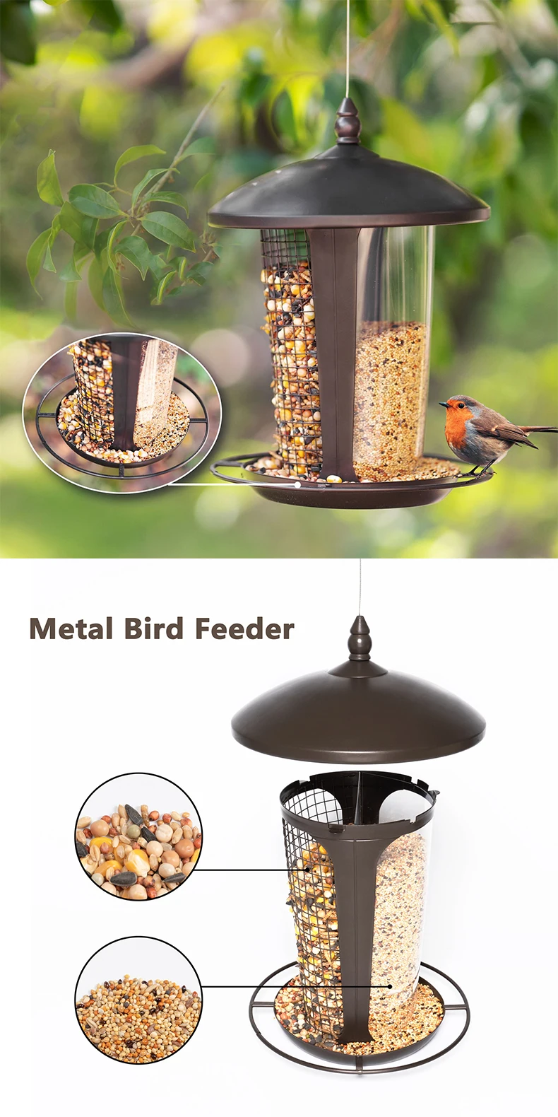 2 In 1 Bird Feeders For Outside,Hanging Metal Bird Feeder For Finch
