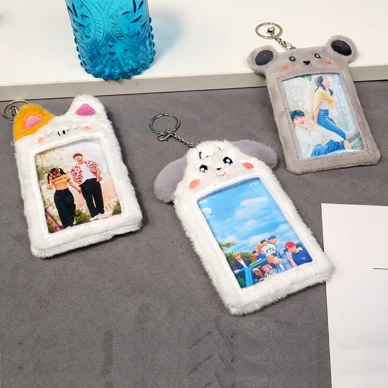 NUOBESTY Plush Photocard Holder Keychain Cute Cat Cardholder With Keychain Id Badge Holder Bus Card Pendant Keychain Photo Protective Sleeves