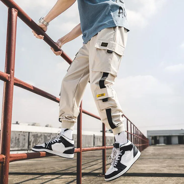 New Joggers Cargo Pants for Men - Casual Hip-Hop Streetwear with Pockets and Ribbons