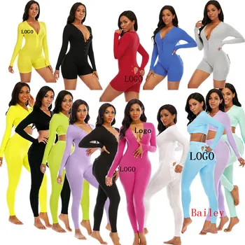2022 custom logo solid color long sleeve adult onesie for women cotton pajamas jumpsuit onesie with butt flap pajamas for adult