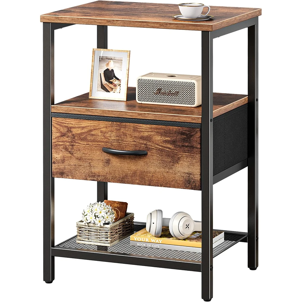 Modern Nightstand Fabric Drawer Side Table Mesh Shelf Bedroom Dresser Open Shelf Wooden Top Durable Storage Rustic Brown