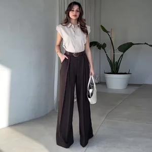 Wholesale 2026 summer new fashion aunt temperament sleeveless shirt waist high waist straight trousers women's suit