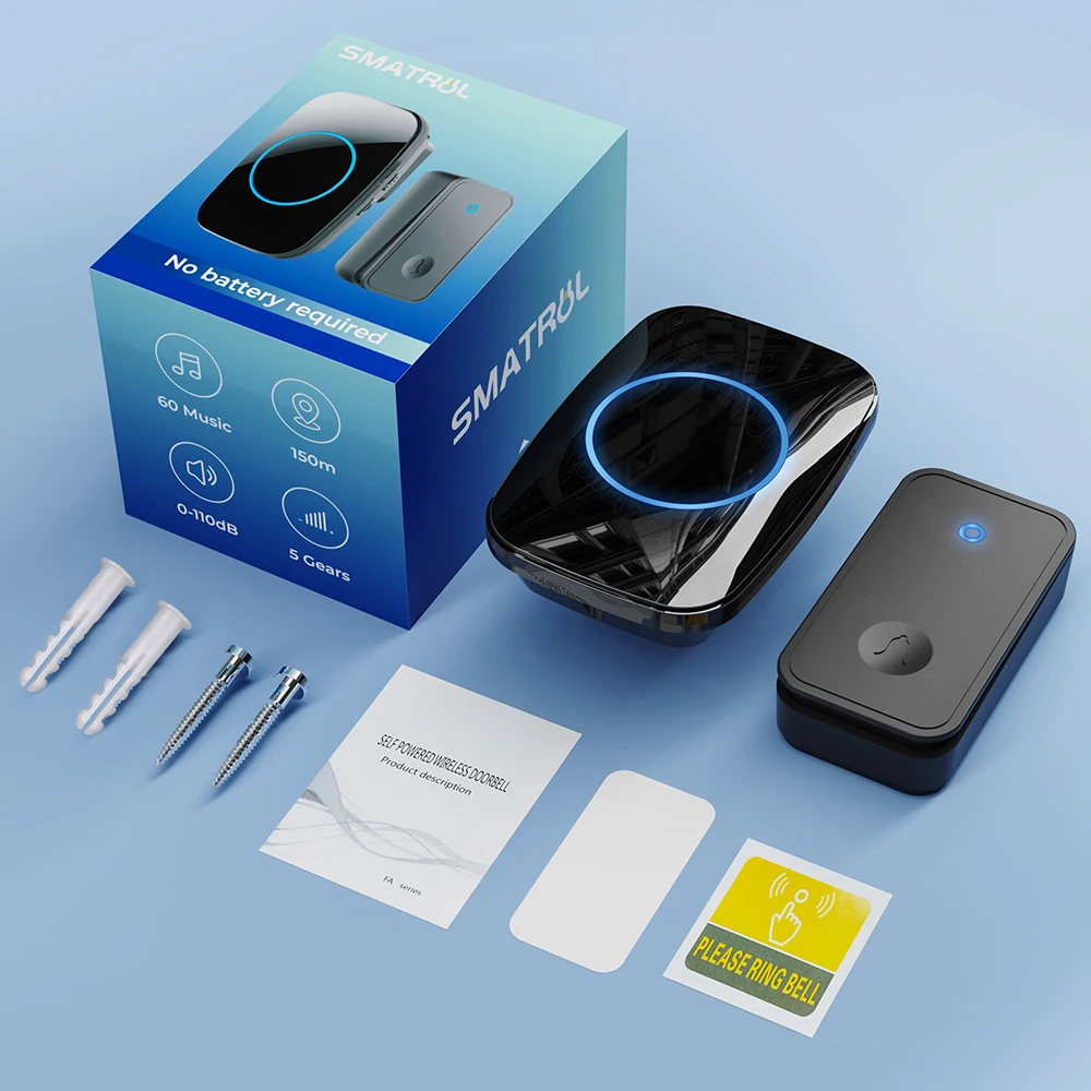 Self Powered Waterproof Wireless DoorBell Button 1Receiver Door Bell  Chime Ring No Battery Electric EU UK US Plug Smart Home