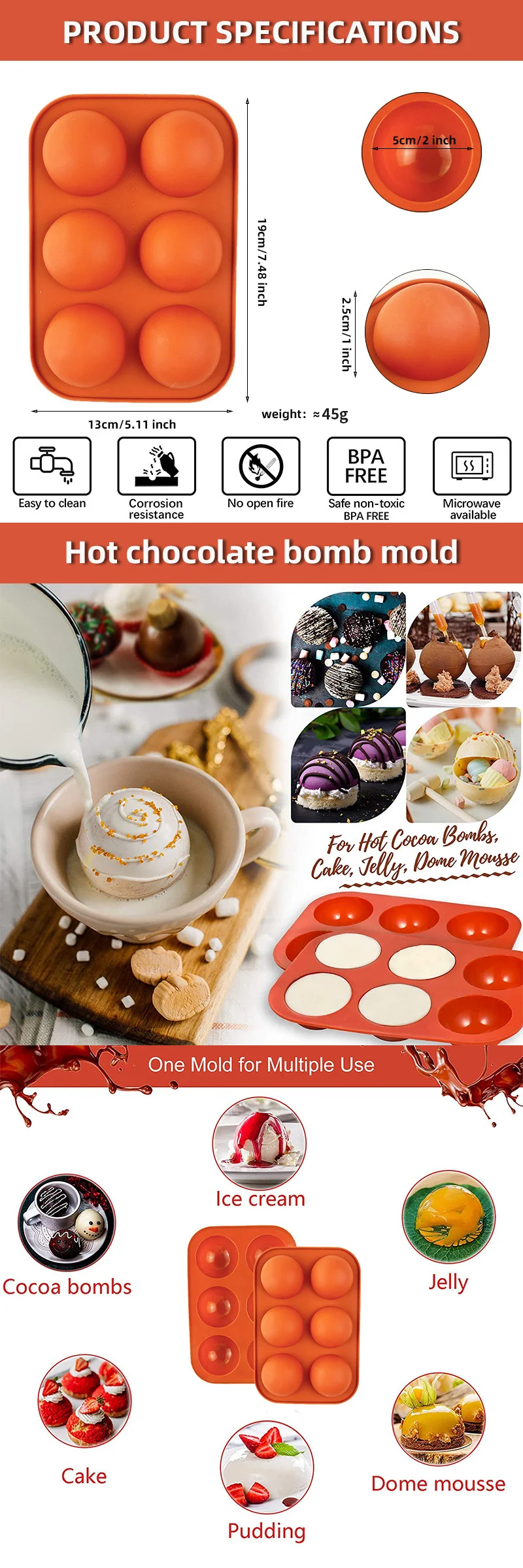 Chocolate Molds Silicone with 6 Semi Sphere Jelly Holes Half Round Jello Dome Mousse Cocoa Bomb Ball Baking Molds manufacture