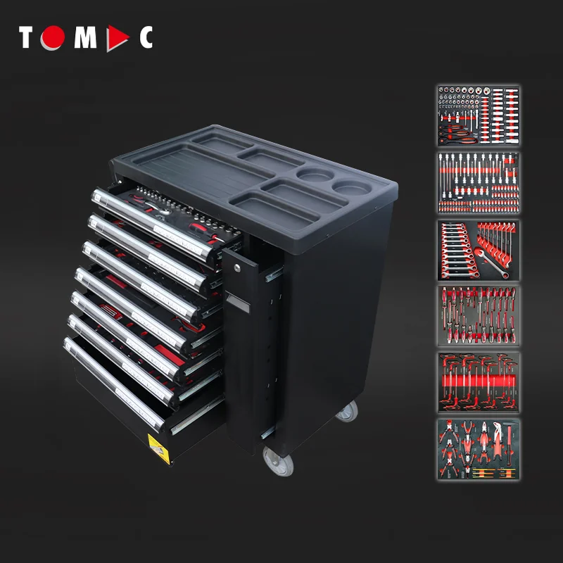 TOMAC 7+1 Large Rolling Tool Cabinet Heavy Duty with 257PCS Tools in 6 Drawers Customizable OEM Support