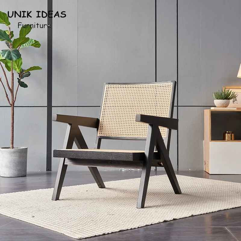Nordic Modern Indoor Hotel Living Room Chair Wood Rattan With Armrest Leisure Sofa Lounge Chair