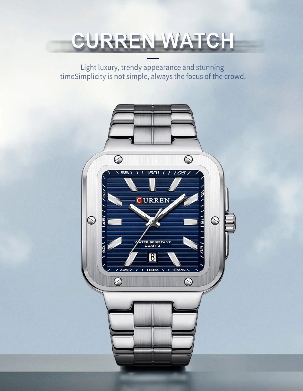 CURREN 8479 Luxury New Model Wrist Watch Quartz Waterproof Square Stainless Steel Strap Luminous Hands Business Watches for Men