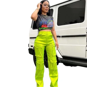 Breathable Polyester Autumn Fashion Streetwear Stretch Loose Fit Straight Leg High Waist Button Fly Printed Long Cargo Pants