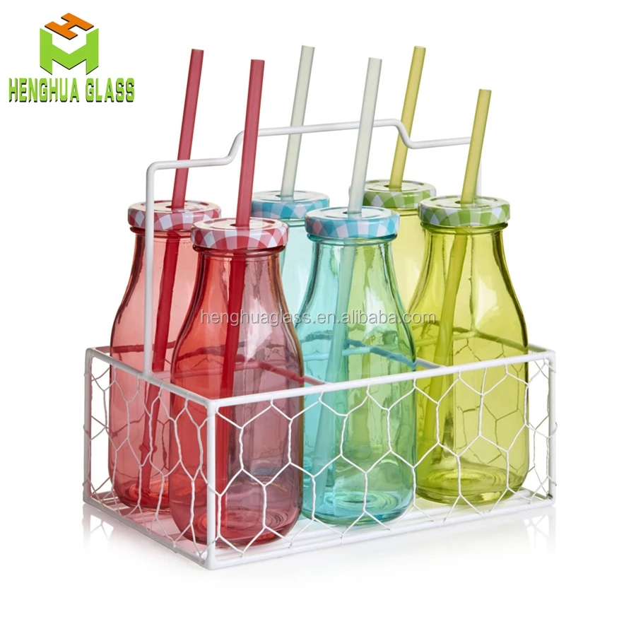 Set of Six Milk Bottles with Straws and Lids