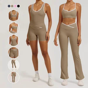 Custom Logo 6 Piece Sports Fitness Set Contrasting Color Women's Cross Waist Beautiful Back Naked Running Tight-Fitting Gym Sets