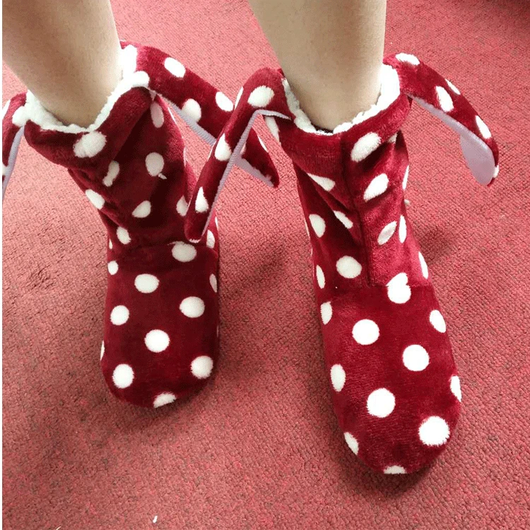 Новинка, домашние сапоги из ПВХ с кроличьими ушками для взрослых, Нескользящие домашние теплые плюшевые сапоги в горошек, обувь для раннего развития