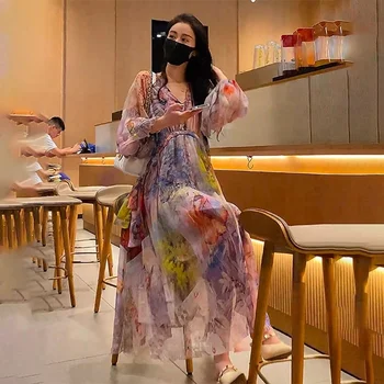 loose celebrity printed 2022 chiffon summer long sleeve casual dresses for women