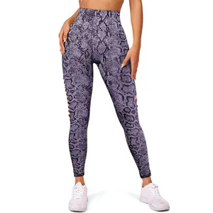 High Waisted Purple Honeycomb Print Ripped Yoga Pants  Tight Fitting  Elastic Leggings for Women's Sports