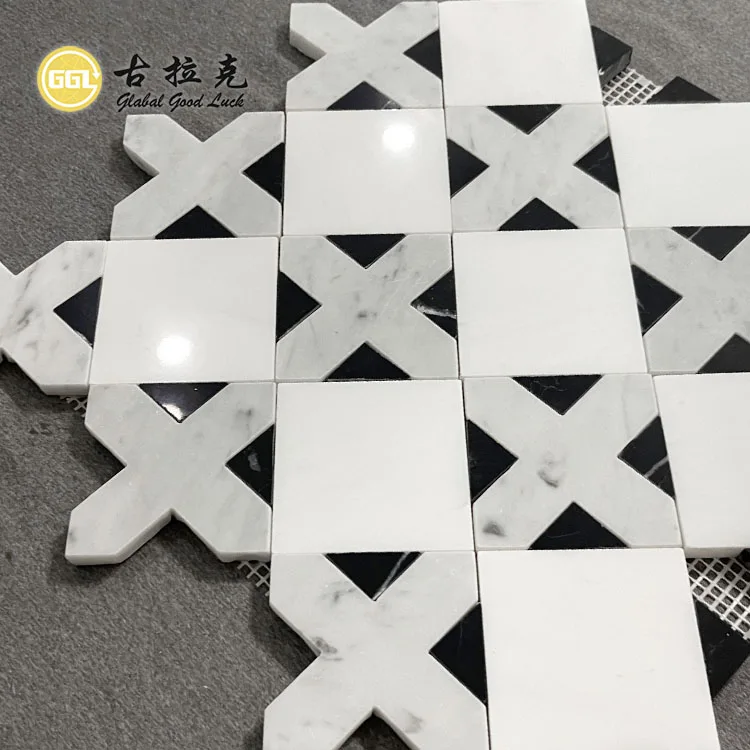 Wholesale Kitchen Bedroom Wall Floor Mosaic Tile White Mixed Black Marble Waterjet Mosaic Tile for Interior Decor manufacture