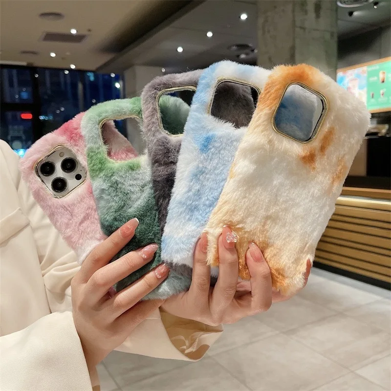 Winter Soft Furry Phone case for iphone 15 16 Pro Max Gradient Color Cute for iphone 15 14 13 12 11 Cases for Girls