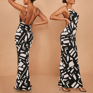 Casual Womens slip Maxi Dress Wholesale Backless Black Abstract Print Silk Satin Dress Elegant Evening Dress