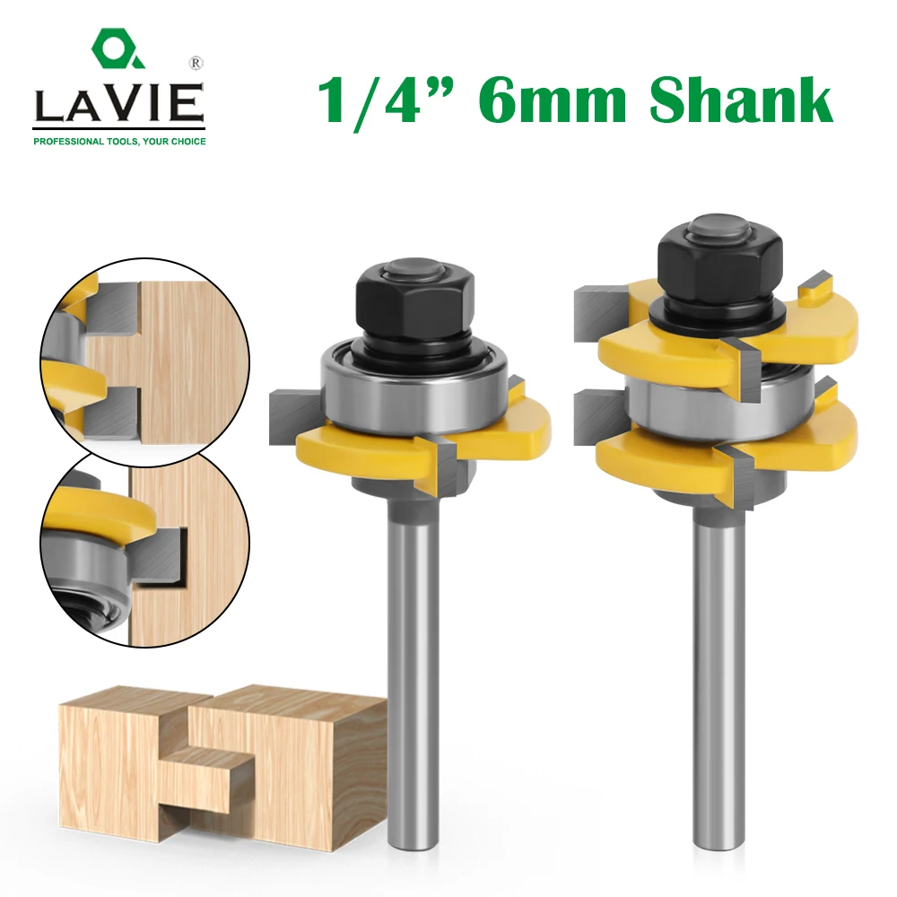 2Pcs/Set Tongue and Groove Router Bits 1/4" Shank T-type 3-tooth Useful Cutter 