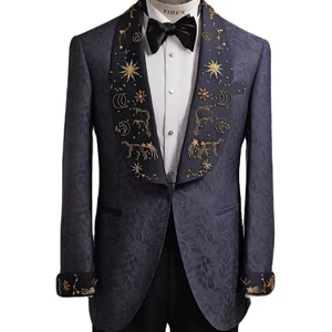 MTM Men's Wedding Dress Unique Navy Jacquard Beading Star Design Slim Fit Breathable Woolen Fabric Zipper Fly Plus Size Suits