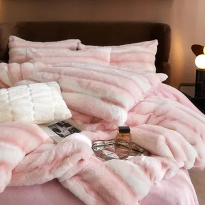 Luxury Soft Solid Rabbit Faux Fur 4PCS Bedding Set Fluffy Cozy Comforter Quilt Cover Bedspread Bed Flat Sheet Set for Winter