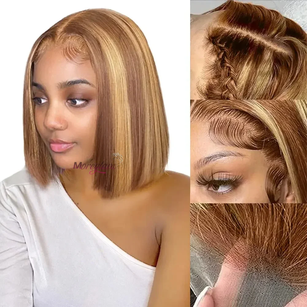 Perruque Bob en cheveux humains raides 13x4 avec dentelle frontale brésilienne courte ombrée_voghion.com