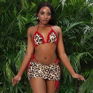 Custom Women Three Piece Bandeau Swimsuit High Waist V-Neck Leopard Bikini with Skirt Set 2026 Luxury Designer