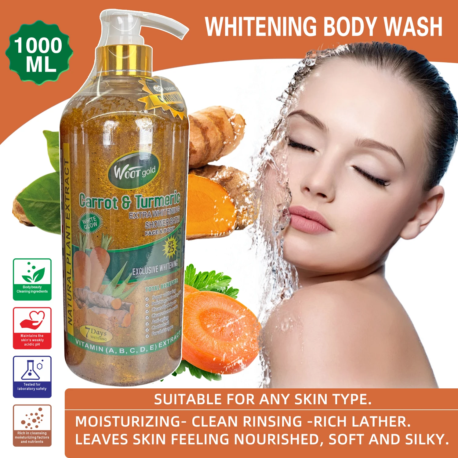 Natural Organic Shower Gel Carrot  Turmeric shower bath Exfoliating Whitening Nourishing Skin Hydrating Refresh Face & Body Care