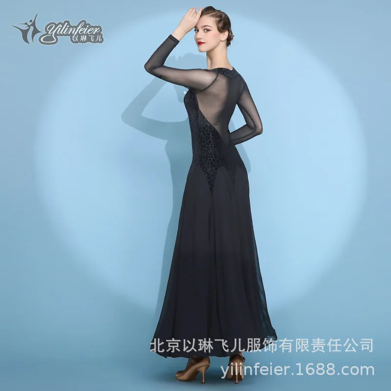 Ylf038 High-end High Quality Pearl Silk Ballroom Latin Dance Dress Custom  Black Competition Ballroom Dresses for Girls