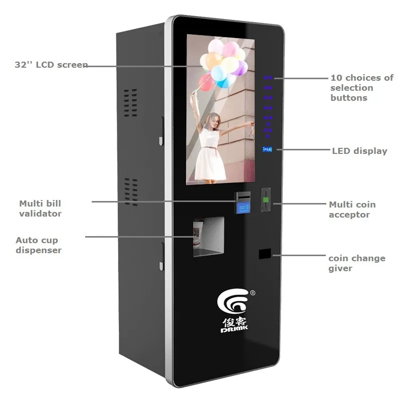 Máquina de venda automática de café com bebidas quentes e frias instantâneas totalmente automática inteligente com tela sensível ao toque de 32 polegadas