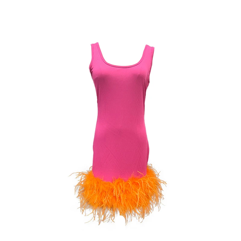 pink and orange feather dress Rose Pink Sleeveless Orange Ostrich Evening Dress Women Sexy Feather Dress