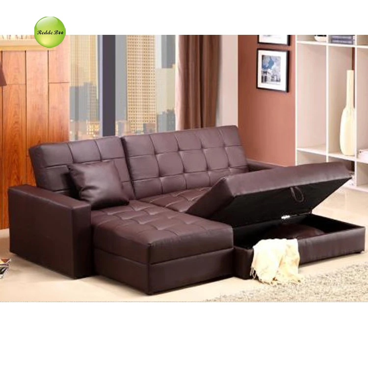 L-Shape Dual Purpose Sofa Bed with Storage Ottoman OEM Available