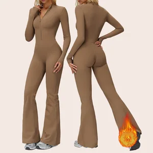 New Women Half Zip Long Sleeve Thick Yoga Flare Pants Bodysuit Lady Solid Color Gym Overall Top Female Sports Jumpsuit