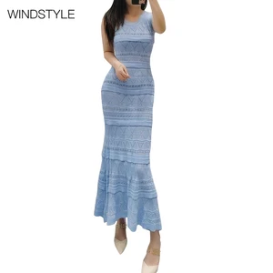 Jacquard Cutout Fish Tail Knit Tank Dress Vintage Straight Silhouette Solid Pattern Knee-Length