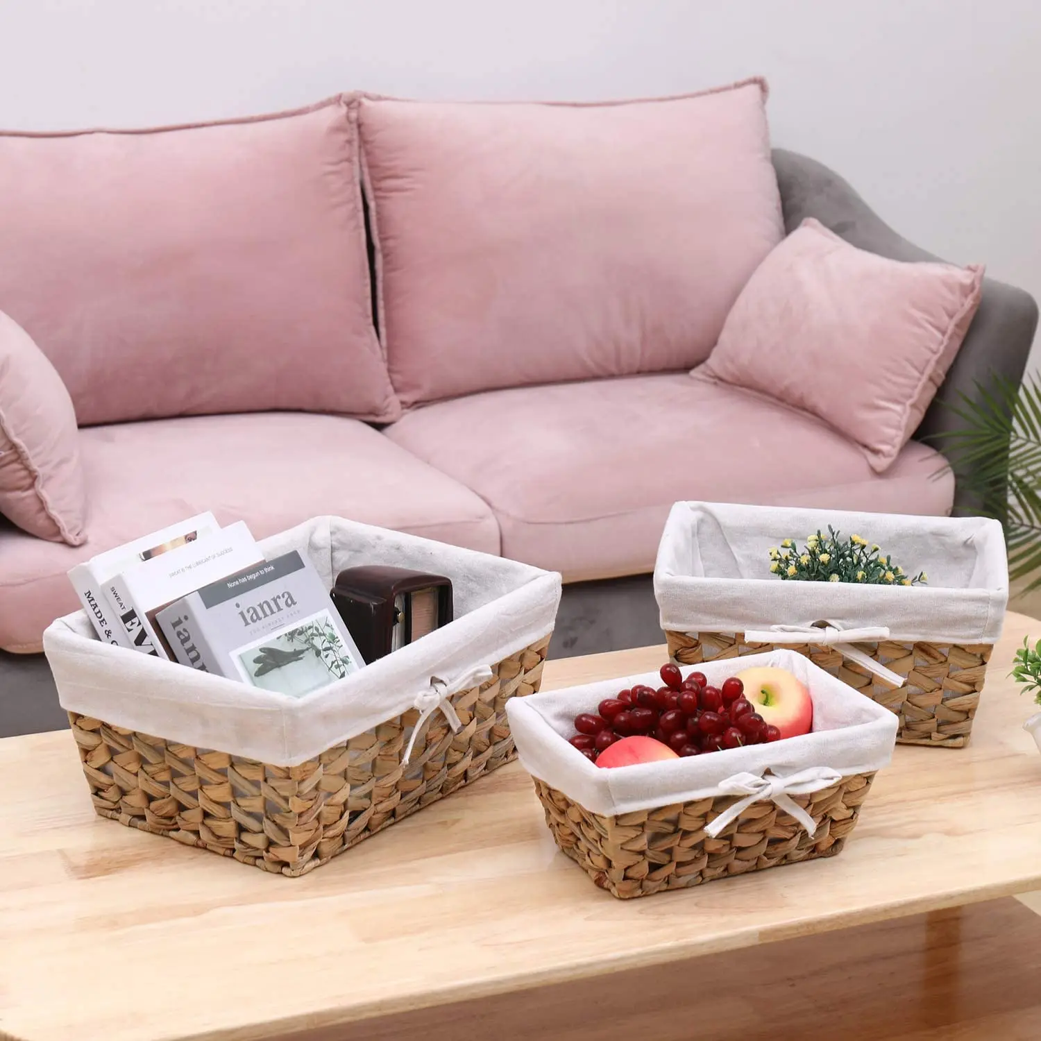 Eco Friendly Rectangular Water Hyacinth Woven Storage Baskets for Organizing Straw Rope Woven Storage Baskets Set of 3
