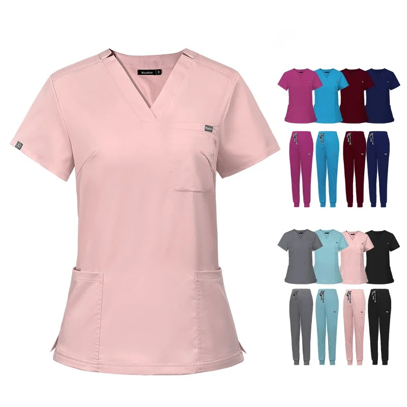 Nurse Uniforms for Hospital Nursing Uniform for Women Men Short Sleeves V-neck Stretchy Scrubs Set Top & Pants with Multi Pocket