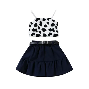 2024 summer western style baby girl clothing sets fashion cow print fashion vest top pleated skirt three piece baby suits