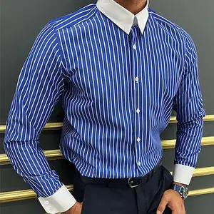 Custom Luxury Men's Spring Casual Striped French Cuff Shirts with Beaded Detail Full Sleeve Polyester Blend