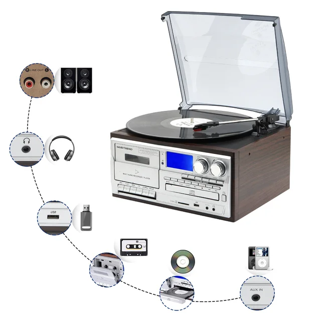 VINYL RECORD PLAYER WITH external speakers, CD player, USB SD Cassette play& record, Radio
