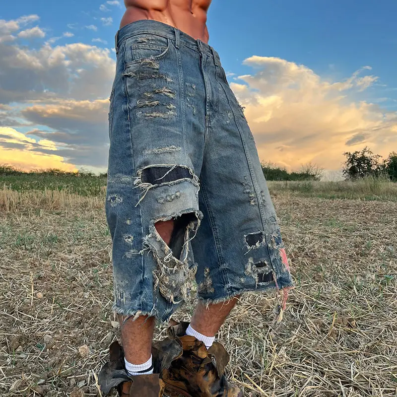 Salati Wholesale Hip Hop Custom Double Knee Damage Baggy Jean Jorts Hip Hop Ripped Vintage Heavy Denim Shorts Men