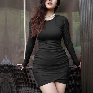 New Arrival Lady Long Sleeve O Collar Ruched Ribbed Mini Bodycon Casual Club Dress Knitted Dresses Women