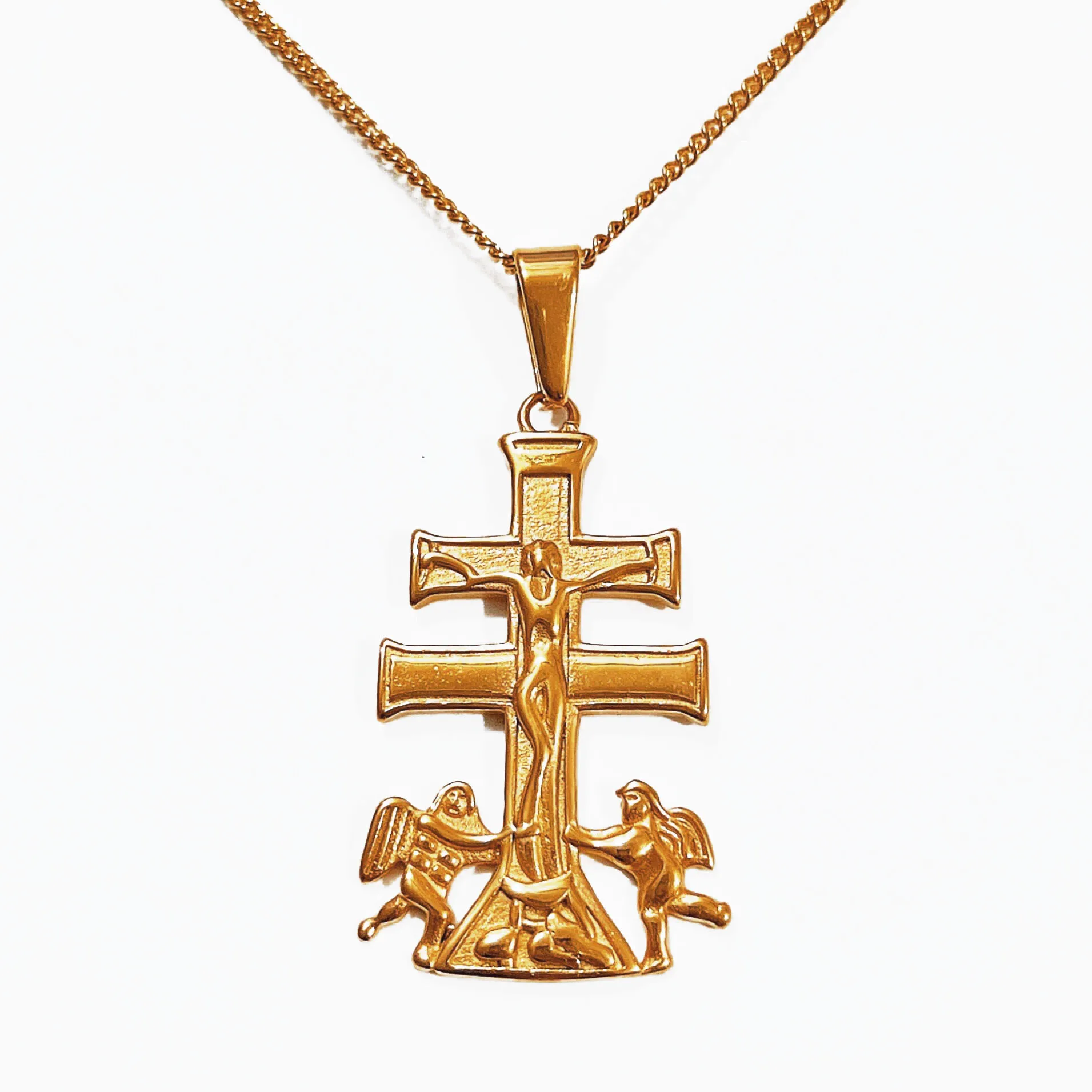 Pendentif Ancien Croix Crucifix Avec Fleur - Métal Doré Vintage