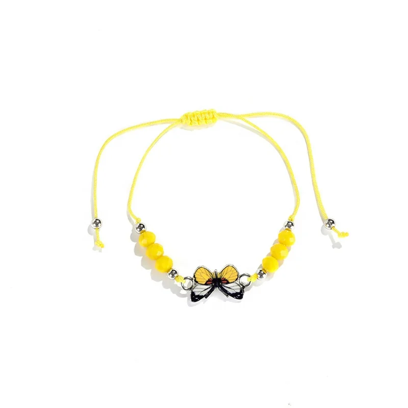 European and American Color Enamel Butterfly Handmade Rope Woven Adjustable Crystal Beads butterfly Bracelet Set