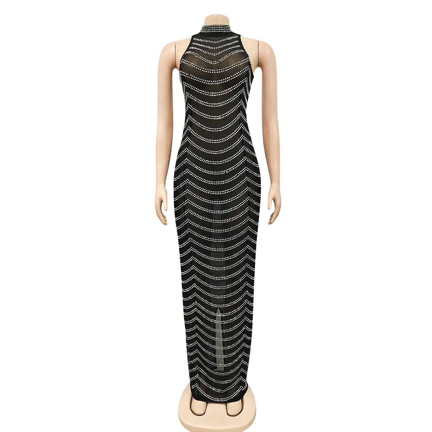 Hot Drilling Striped Women Sexy Solid Mesh Backless Long Evening Dress See Through Rhinestone Haler Vestidos Mujer Party Dress