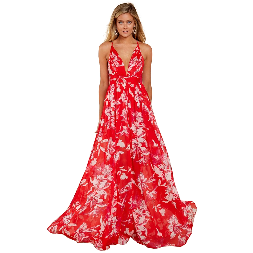 Print Floral Loose Boho Deep V Neck Backless Long Women Dress  Maxi Dresses  Sexy Back Cross Beach Summer Dress