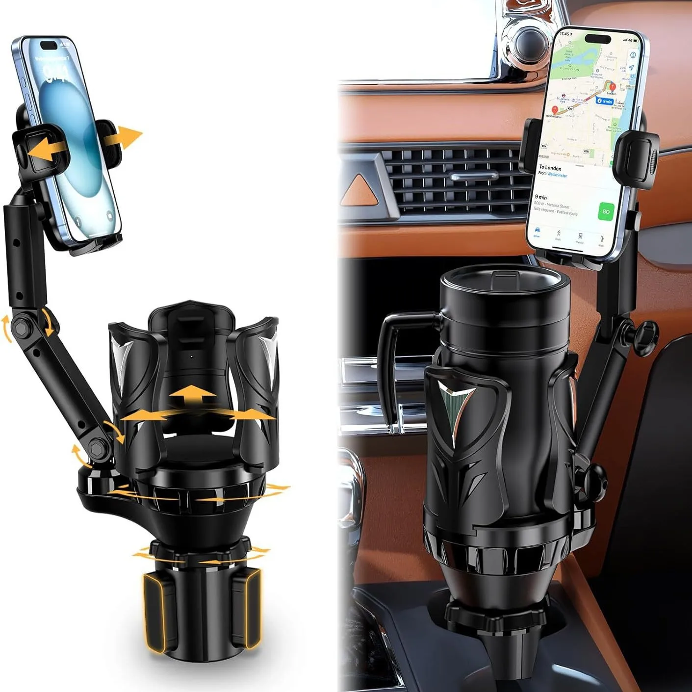 Car Cup Holder Phone Mount Extender - 2-in-1 Universal Phone Holder for Car Navigation