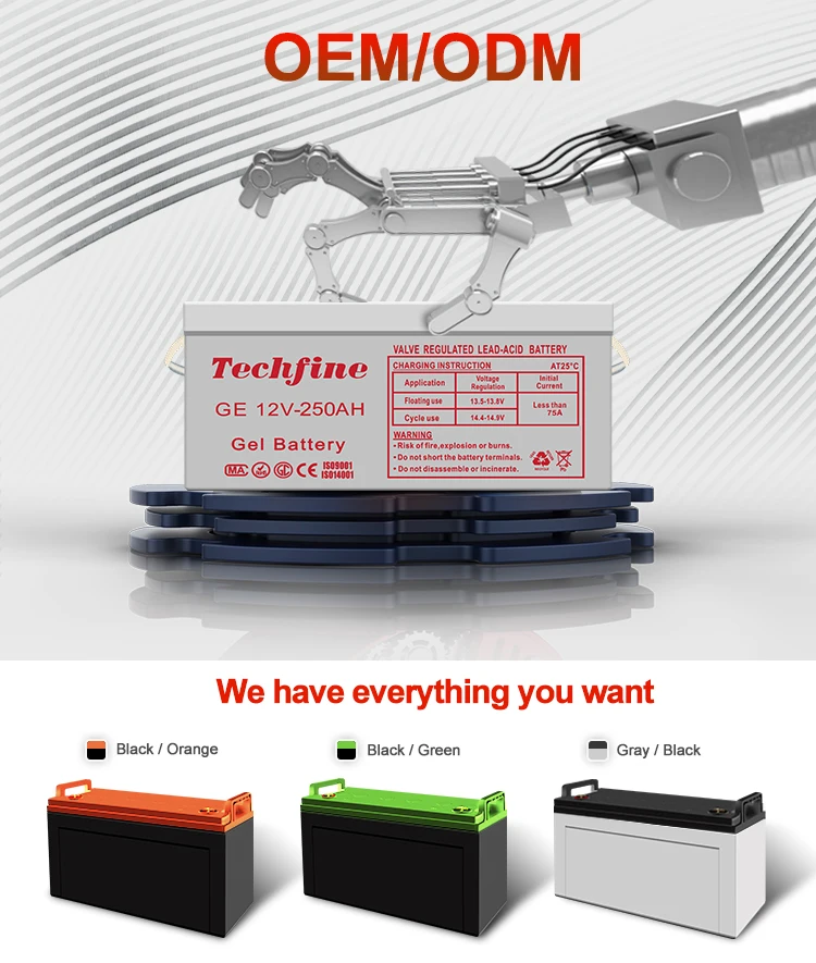 Techfine Hot Sale Gel Battery 12voltage 250ah Free Maintenance Rechargeable Lead Acid Battery for Pv Energy Storage Use