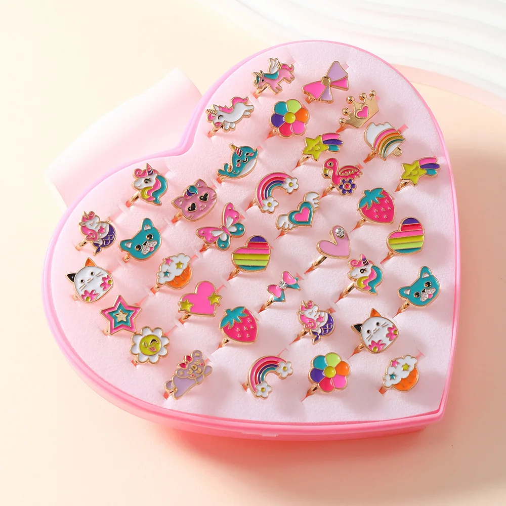 Little Girl Jewel Rings in Box, Adjustable, No Duplication, Girl Pretend Play and Dress Up Rings