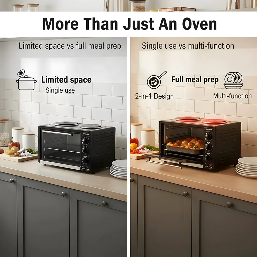 BEHOME Four Électrique De Table Ventilé 30L - Jusqu'à 230°C, Minuteur 60 Min, Grill + Accessoires Inclus, Compact Et Puissant