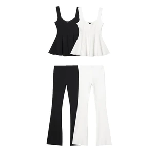 2025 New Elastic High Waist Flared Pants Sets for Women Two Pieces Simple Solid Ruched Sleeveless Top Sets Elegant 2 Piece Set